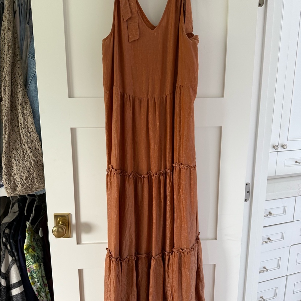 Anthropologie Maeve Soraya Shimmer Tiered Maxi Dress in Orange - Picture 3 of 4